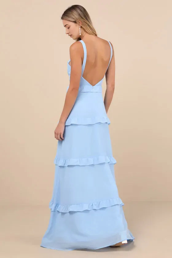 Glamorous Light Blue Prom Dresses featuring Spaghetti Straps Sweetheart Neckline Tiered Ruffle Skirt and High - Slit Design  Perfect for Prom Nights