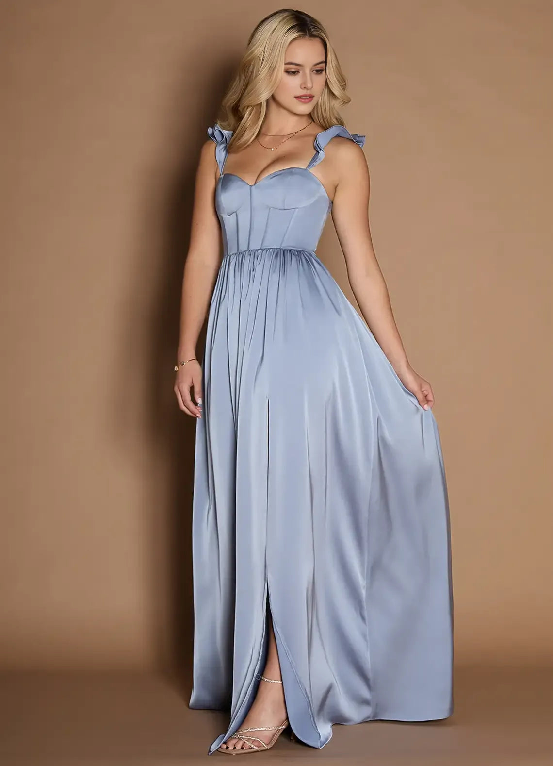 Glamorous Light Blue Prom Gown Ruffled Straps Sweetheart Neckline Satin Fabric and Side Slit for Memorable Evenings
