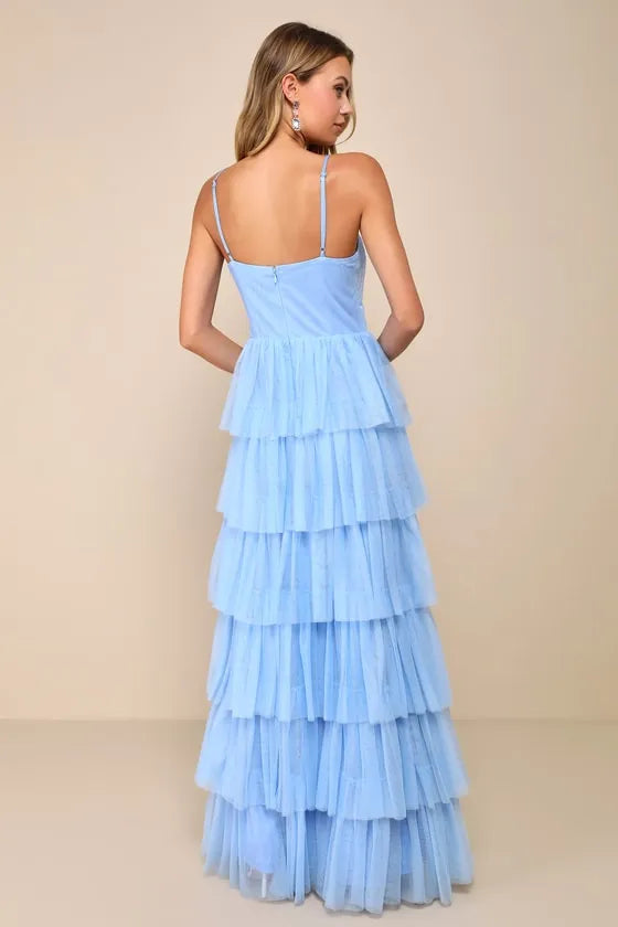 Glamorous Light Blue Prom Gown featuring Spaghetti Straps Deep V  Neckline Tiered Ruffle Tulle Skirt Perfect for Prom Nights