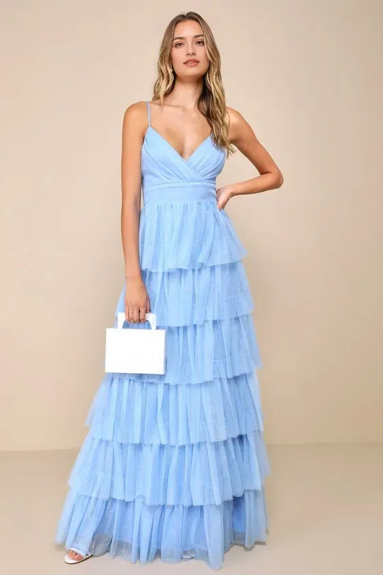 Glamorous Light Blue Prom Gown featuring Spaghetti Straps Deep V  Neckline Tiered Ruffle Tulle Skirt Perfect for Prom Nights