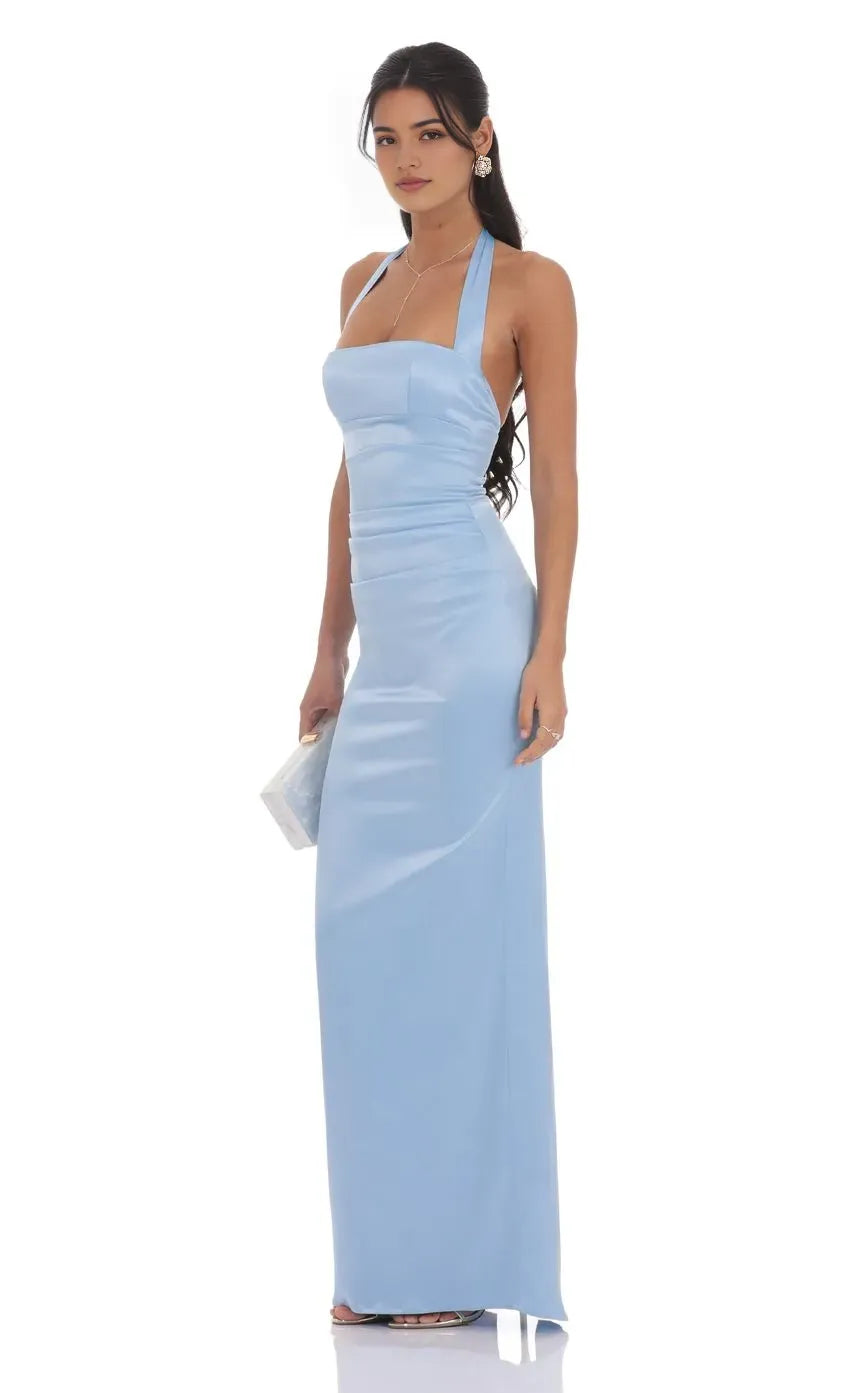Glamorous Light Blue Satin Halter Prom Dress with Square Neckline and Flattering Drape for Formal Galas