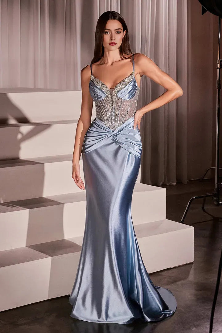 Glamorous Light Blue Satin Mermaid Prom Dress with Rhinestone  Embellished Sheer Bodice and Bow Front Detail