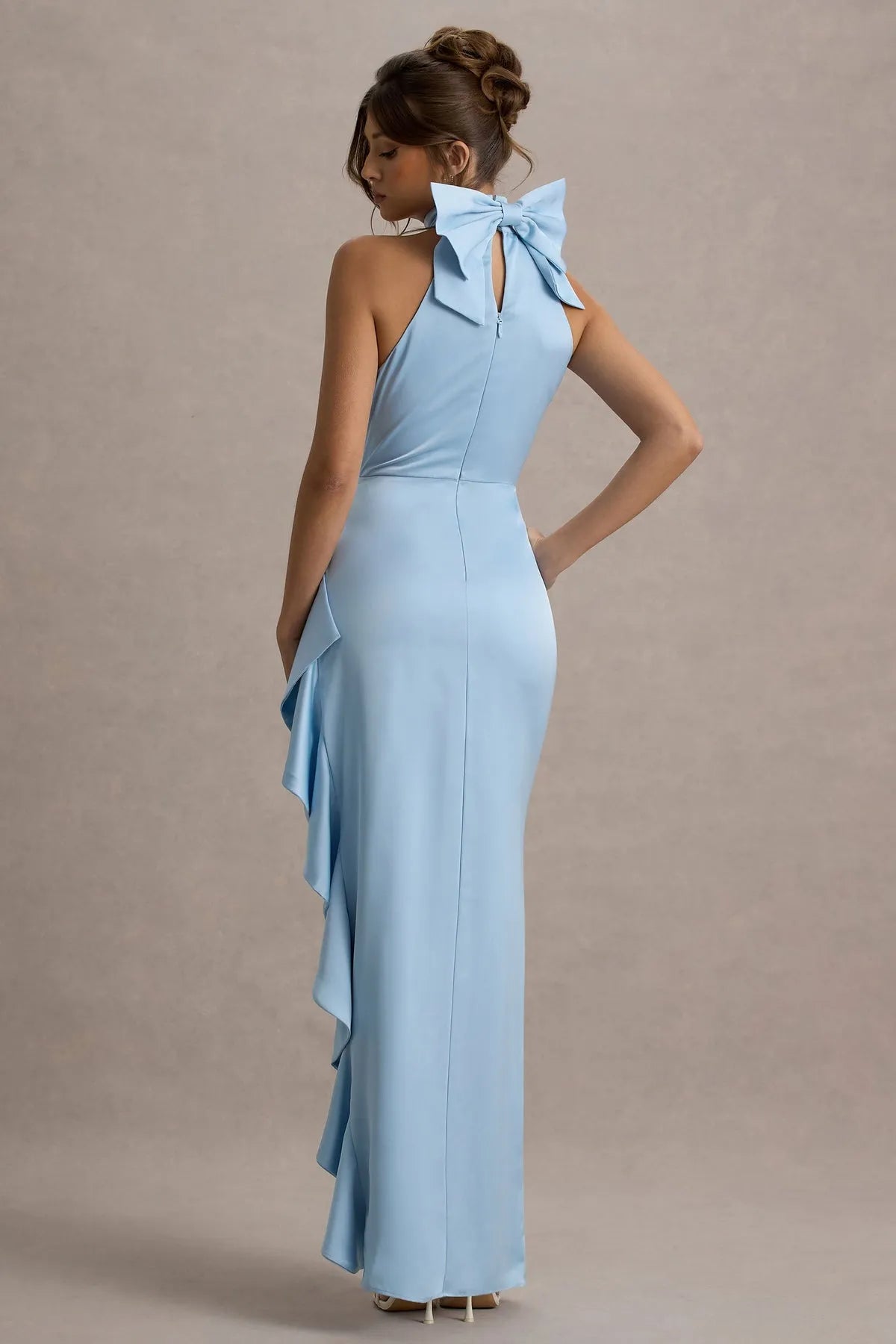 Glamorous Light Blue Satin Prom Dress Halter Neck with Bow Ruched Bodice and Dramatic Ruffled Side Slit