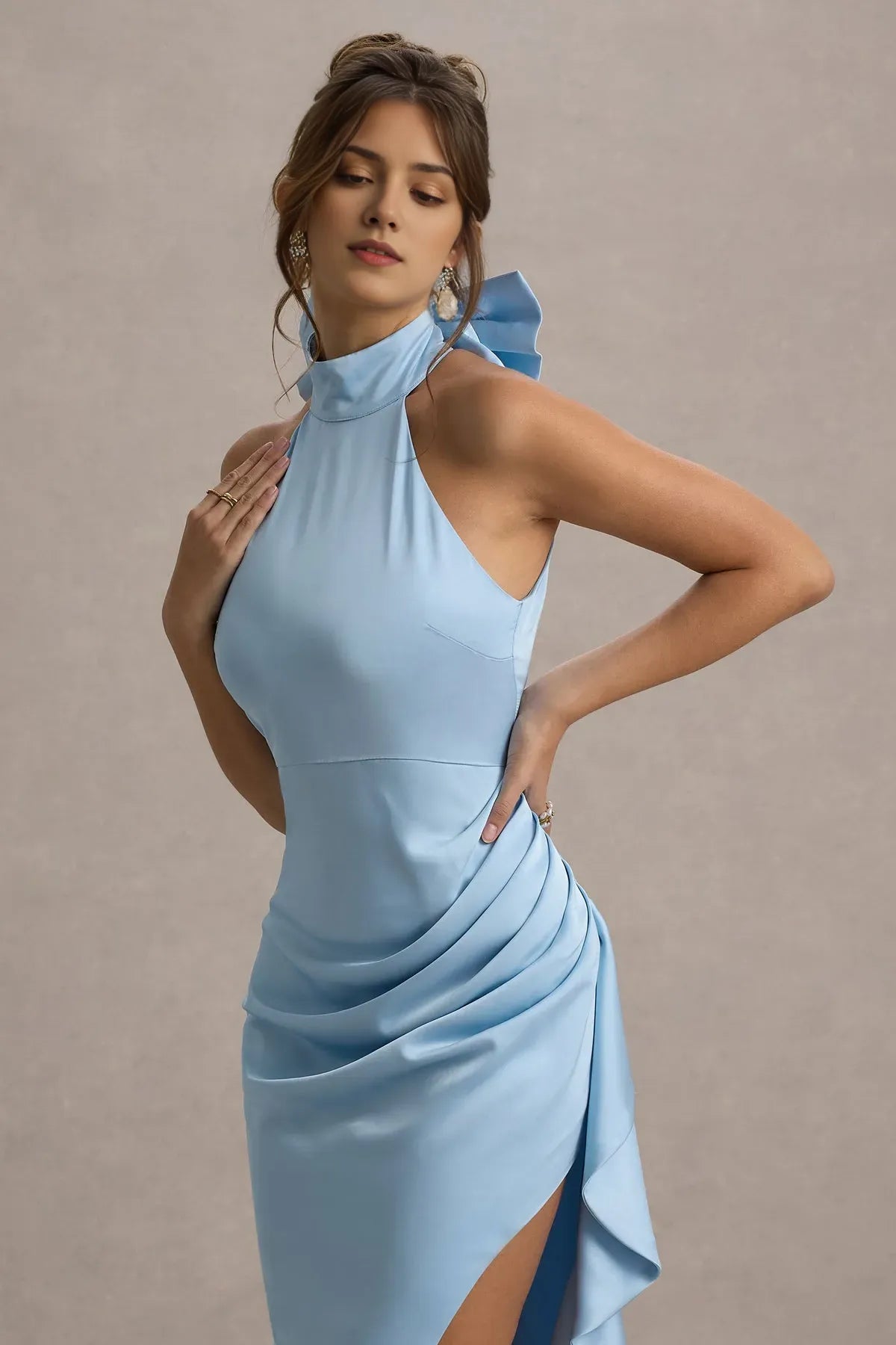 Glamorous Light Blue Satin Prom Dress Halter Neck with Bow Ruched Bodice and Dramatic Ruffled Side Slit