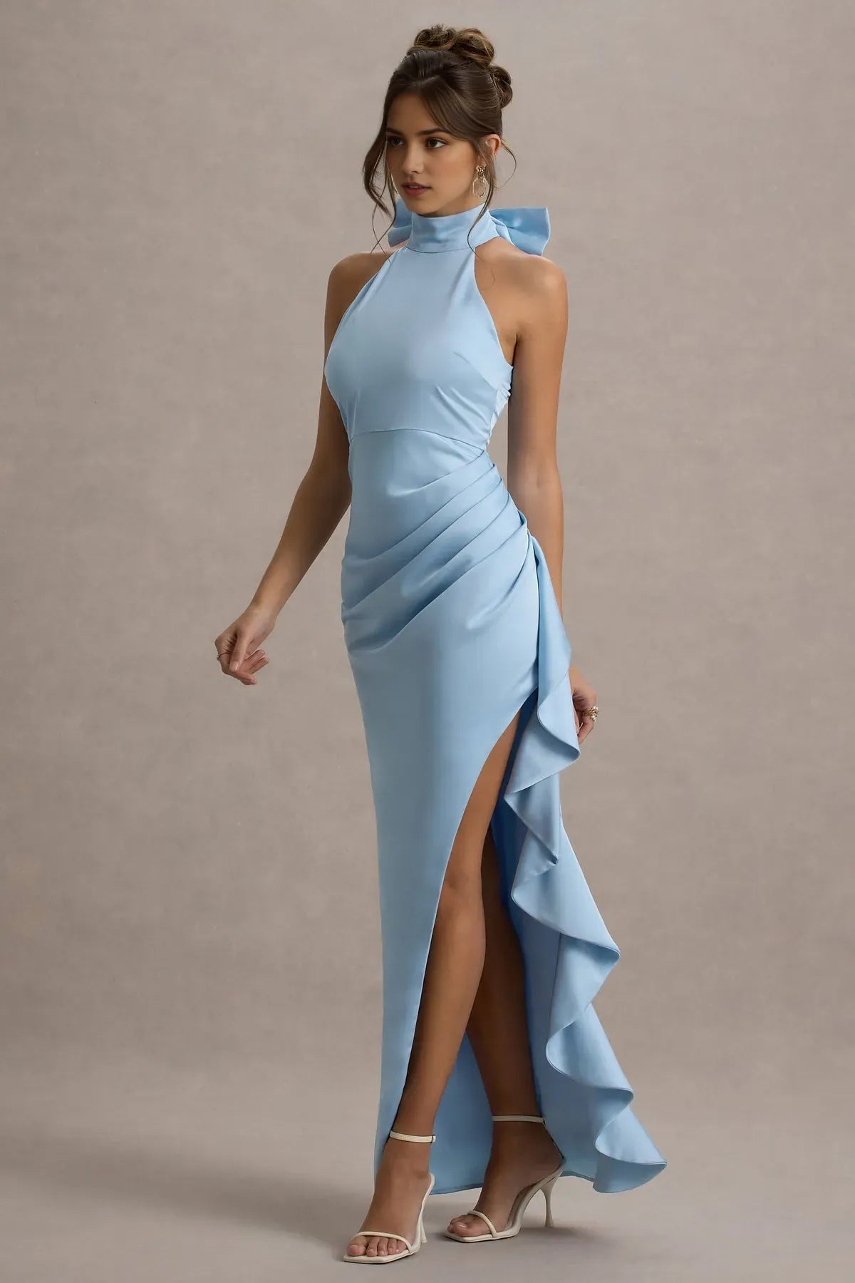 Glamorous Light Blue Satin Prom Dress Halter Neck with Bow Ruched Bodice and Dramatic Ruffled Side Slit
