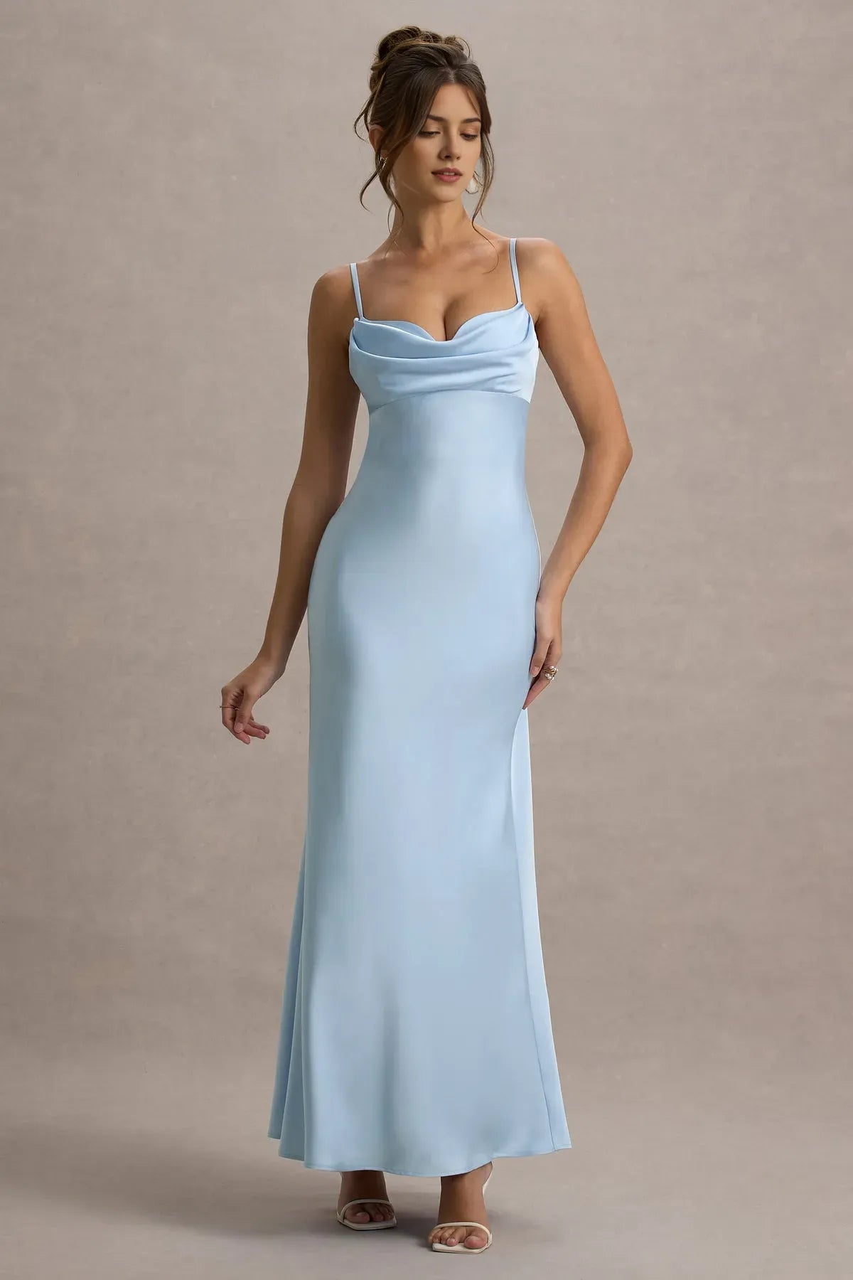 Glamorous Light Blue Satin Prom Dresses with Cowl Neck and Delicate Straps Ideal for Luxurious Ball Events