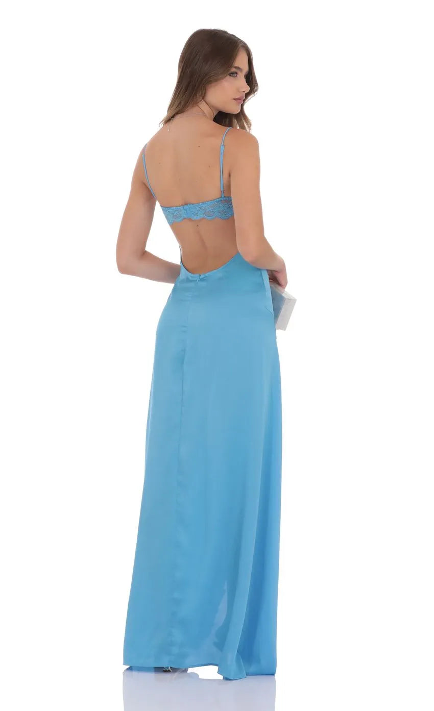 Glamorous Light Blue Satin Prom Gown Spaghetti Straps Draped Neckline and Dramatic Ruffled Side Slit  Ideal for Sophisticated Prom
