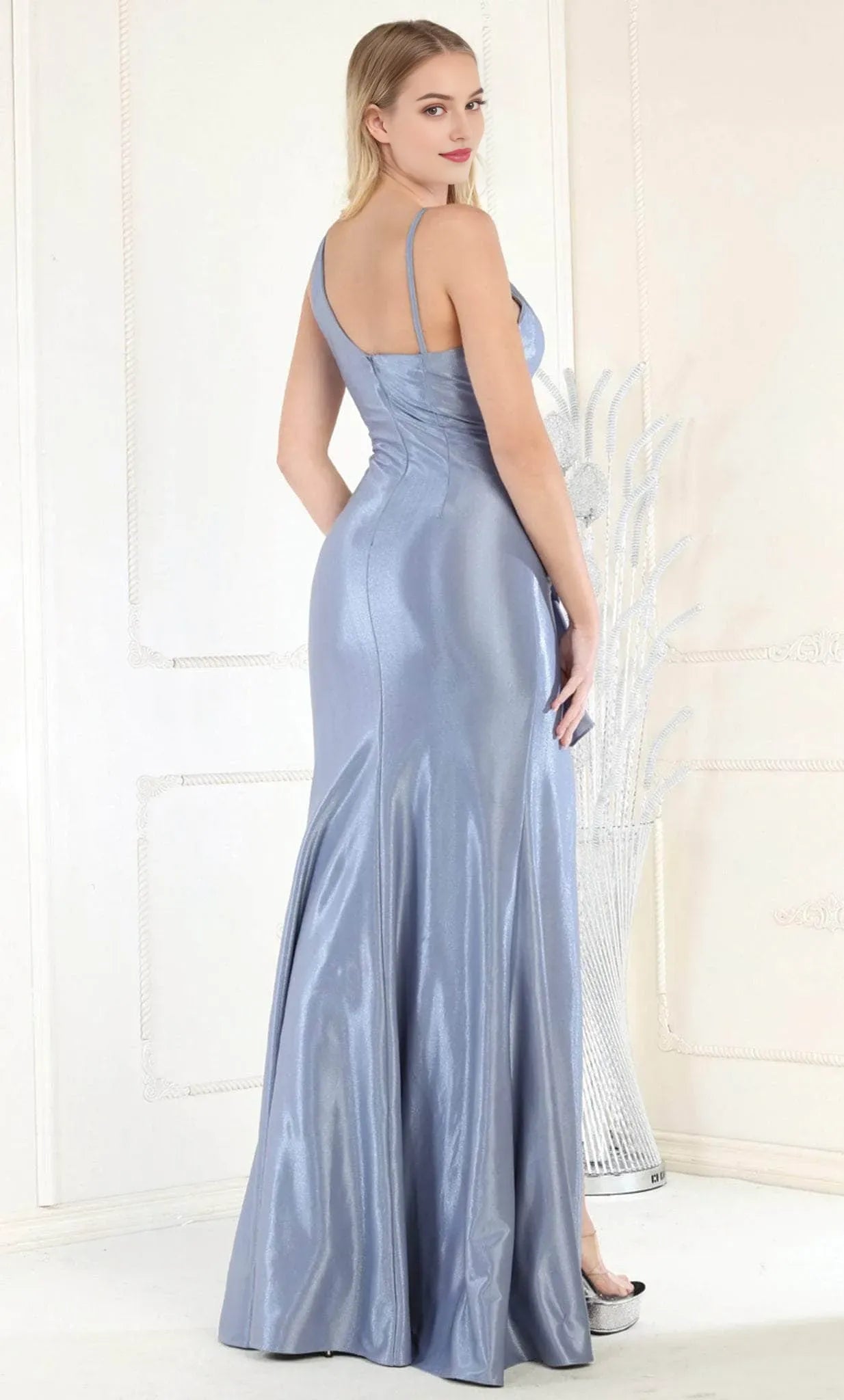 Glamorous Light Blue Shimmering Satin Evening Gown with Spaghetti Straps V Neckline, Ruffled Detailing and High Side Slit  A Perfect Choice for Formal Galas Weddings and Red Carpet Occasions