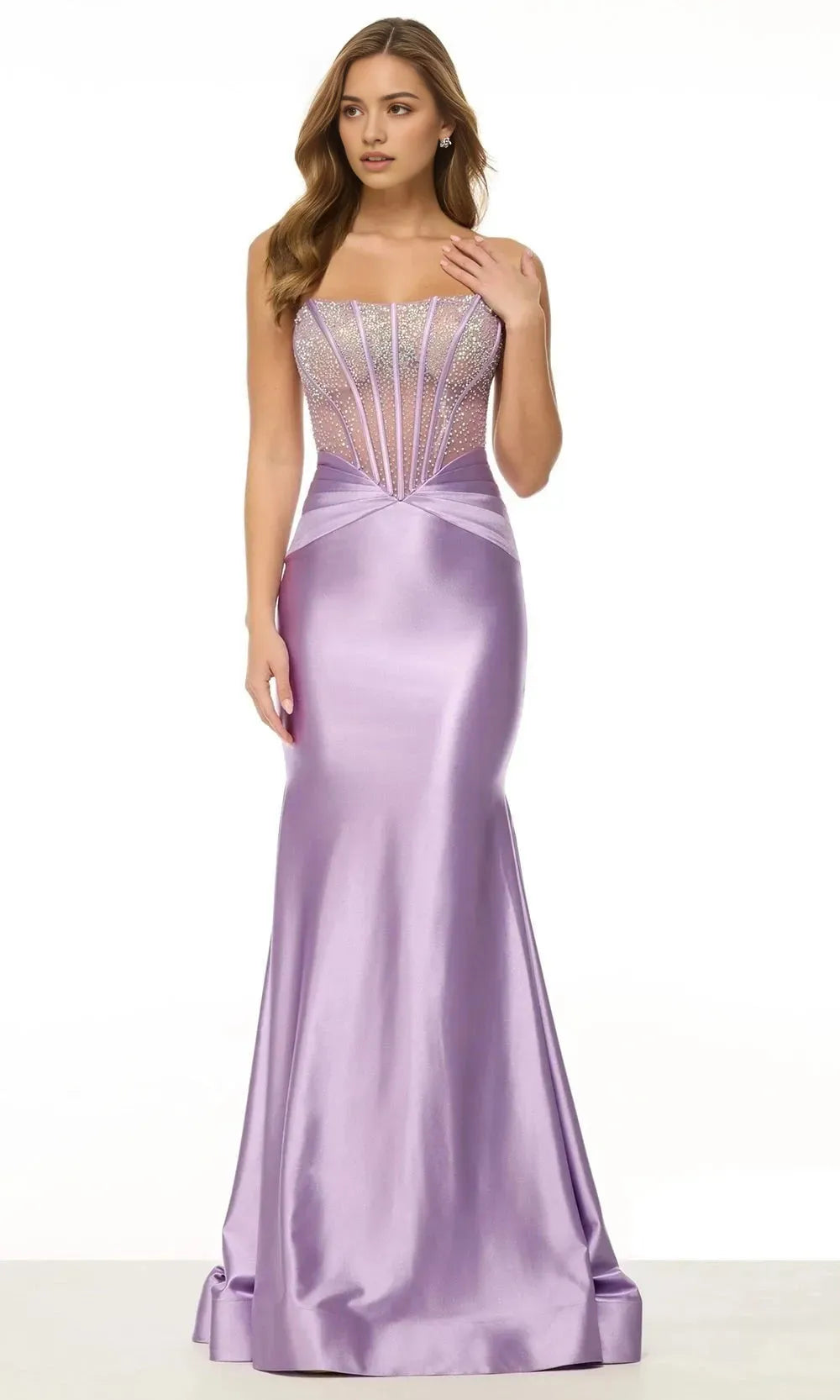 Glamorous Lilac Mermaid Prom Dress with Sheer Beaded Bodice and Satin Skirt for Formal Galas