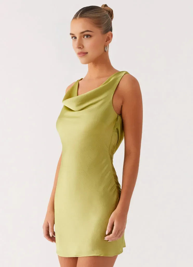 Glamorous Lime Green Satin Homecoming Gown Cowl Neck Sleeveless Bodycon Silhouette for Unforgettable Nights