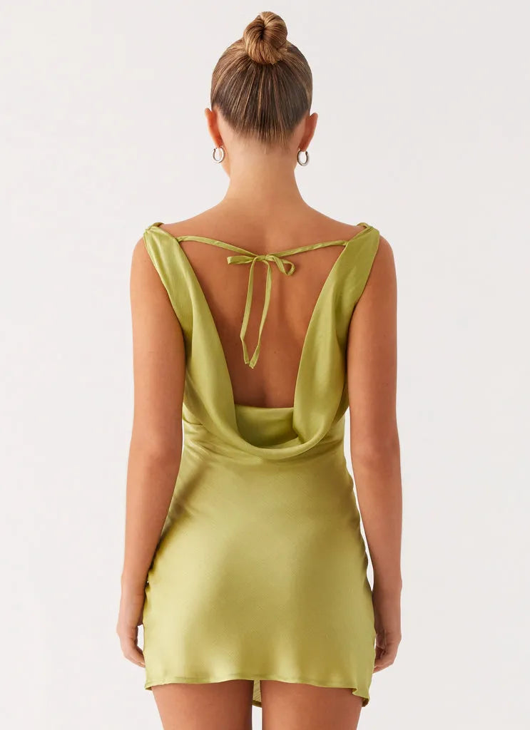 Glamorous Lime Green Satin Homecoming Gown Cowl Neck Sleeveless Bodycon Silhouette for Unforgettable Nights