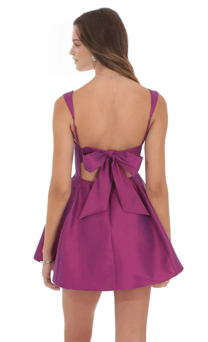 Glamorous Magenta Satin Homecoming Dress Square Neckline Flared Skirt Bow Detail for a Show Stopping School Dance Look