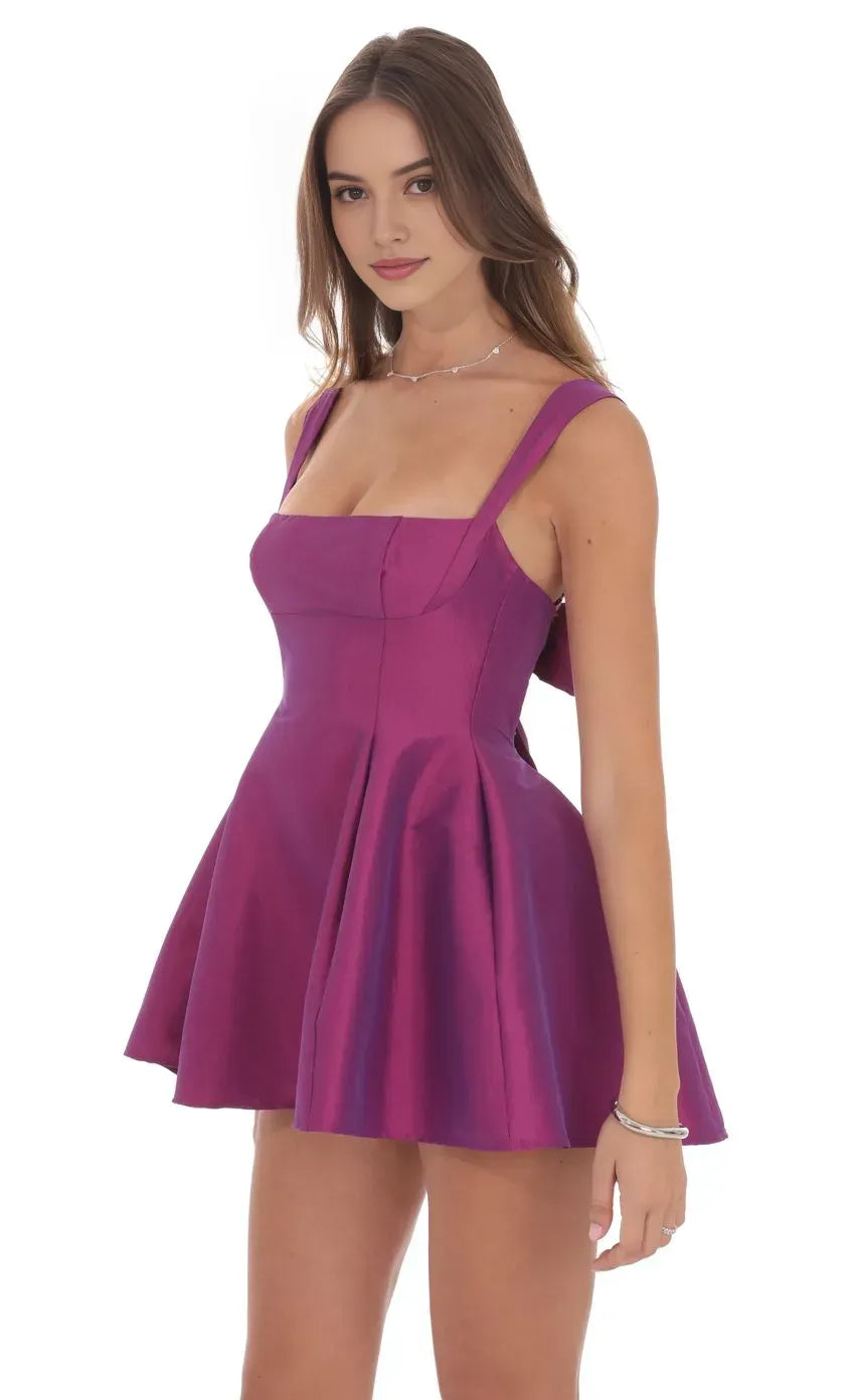Glamorous Magenta Satin Homecoming Dress Square Neckline Flared Skirt Bow Detail for a Show Stopping School Dance Look