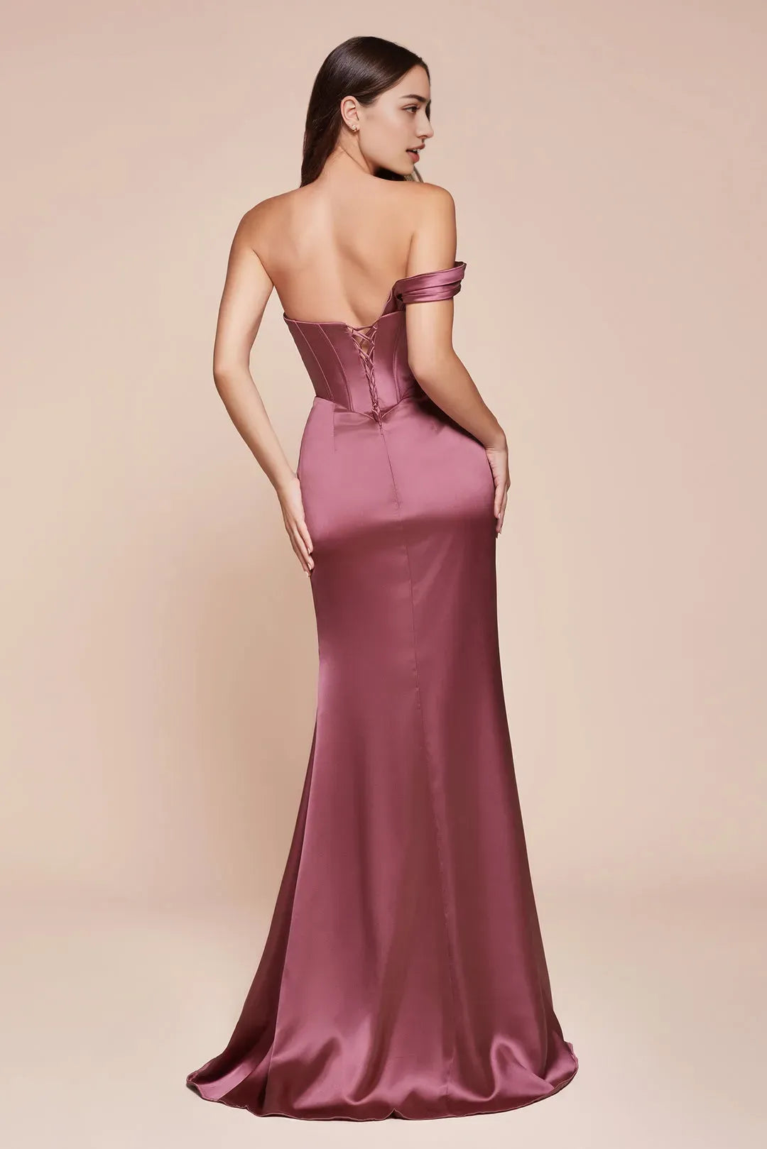 Glamorous Mauve Satin Off - Shoulder Prom Dress with Draped Details and High Slit