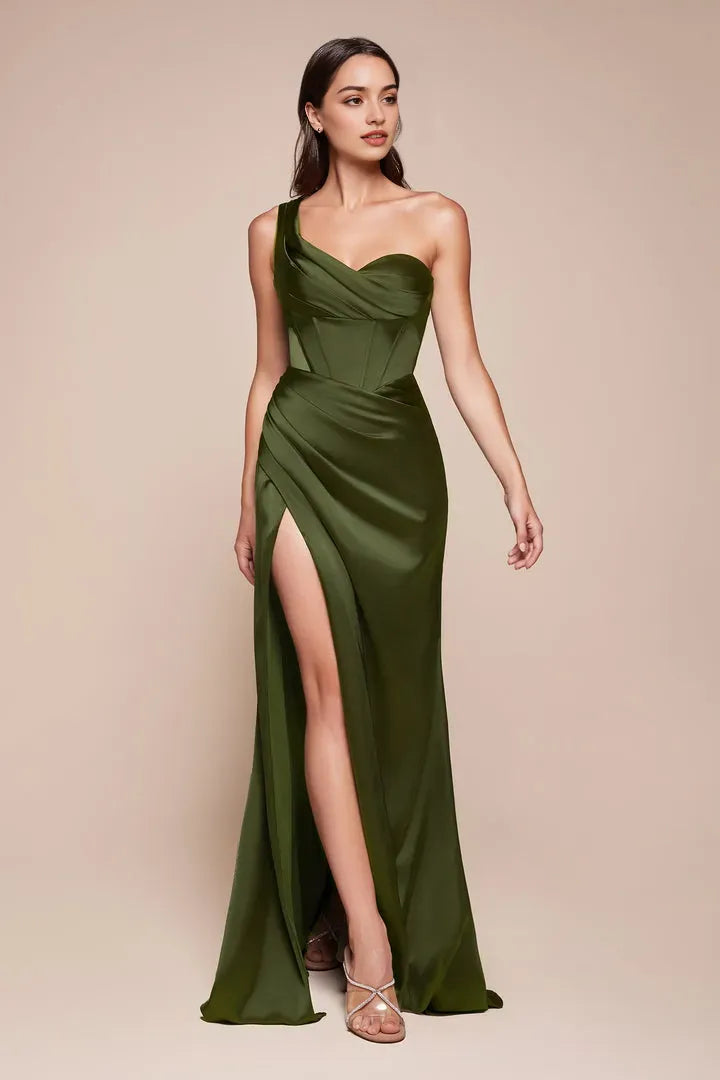 Glamorous Mauve Satin Off - Shoulder Prom Dress with Draped Details and High Slit