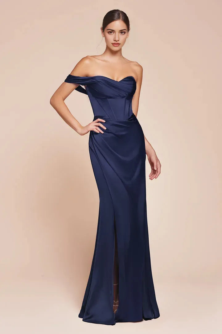 Glamorous Mauve Satin Off - Shoulder Prom Dress with Draped Details and High Slit