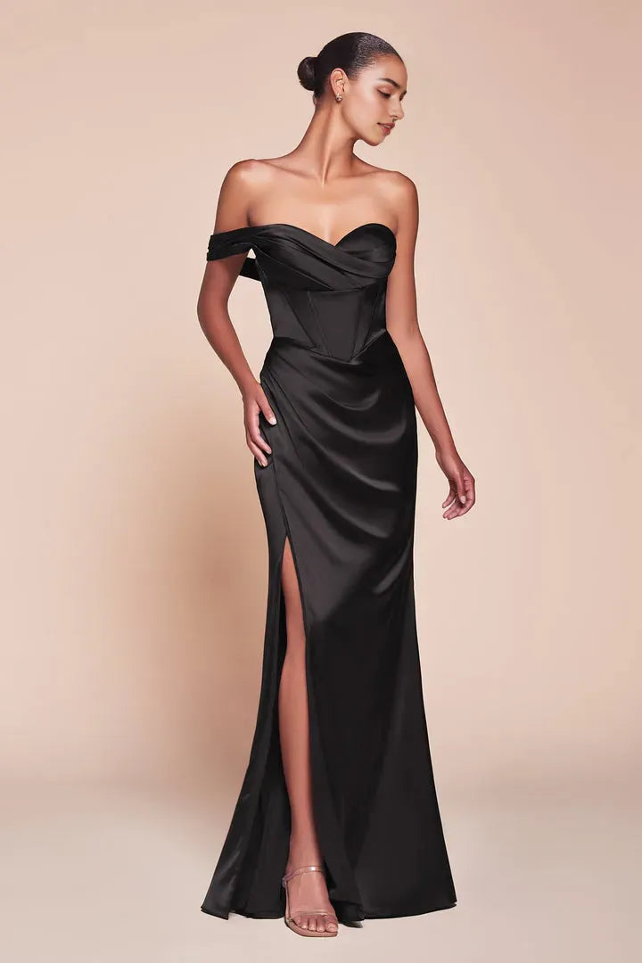 Glamorous Mauve Satin Off - Shoulder Prom Dress with Draped Details and High Slit