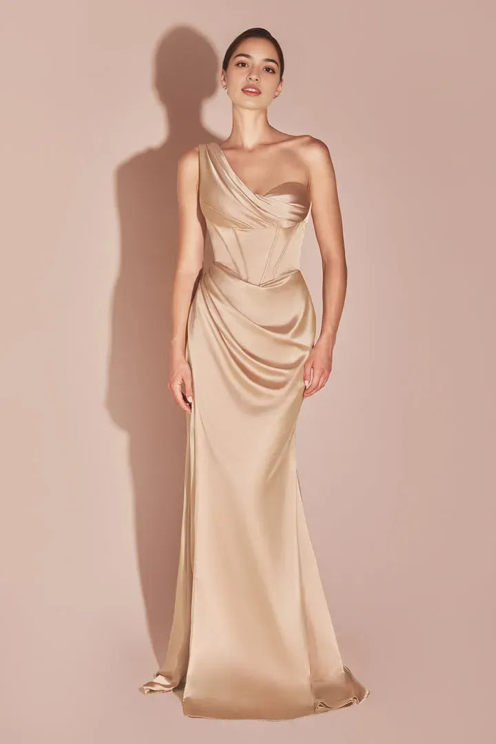 Glamorous Mauve Satin Off - Shoulder Prom Dress with Draped Details and High Slit
