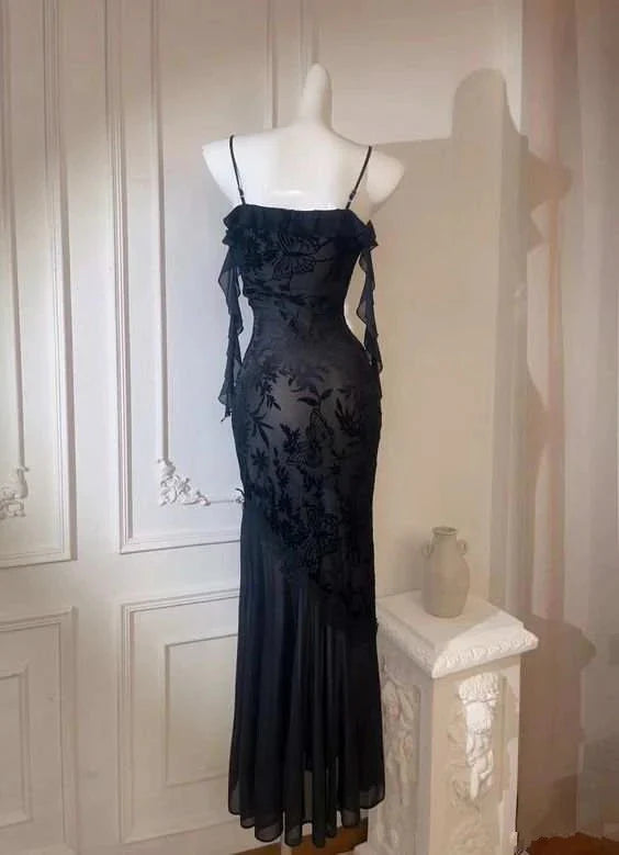 Glamorous Mermaid Cold-Shoulder Velvet-Burnout Black Evening Dress