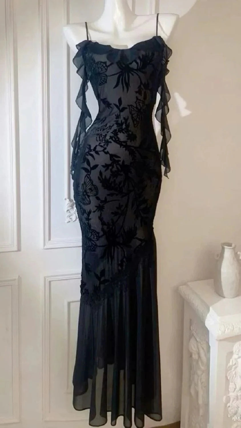 Glamorous Mermaid Cold-Shoulder Velvet-Burnout Black Evening Dress