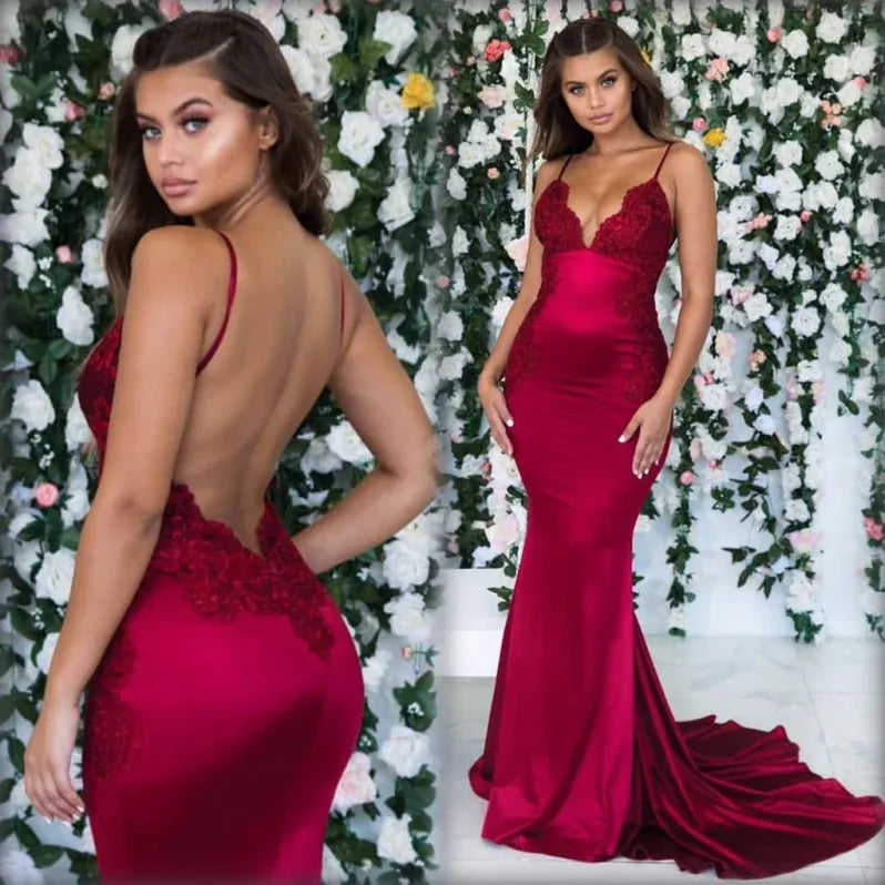 Glamorous Mermaid Deep V Neck Lace Applique Burgundy Train Evening Dress For Sale