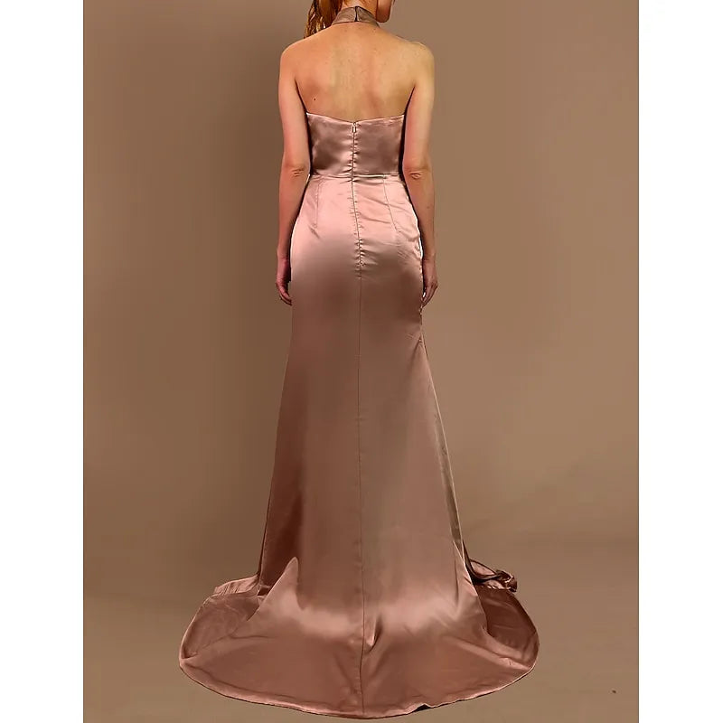 Glamorous Mermaid Halter-Neck Sleeveless Ruched Champagne Floor-Length Prom Dress For Women