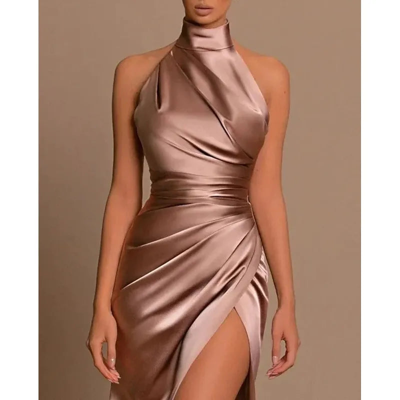 Glamorous Mermaid Halter-Neck Sleeveless Ruched Champagne Floor-Length Prom Dress For Women