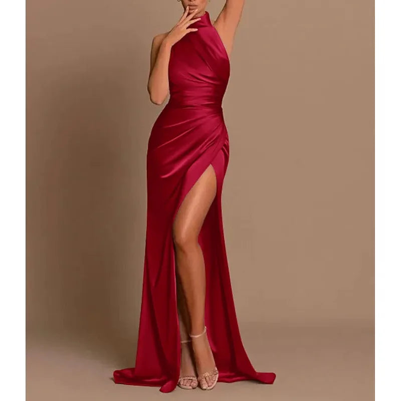 Glamorous Mermaid Halter-Neck Sleeveless Ruched Champagne Floor-Length Prom Dress For Women