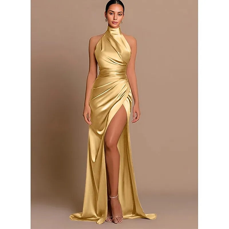 Glamorous Mermaid Halter-Neck Sleeveless Ruched Champagne Floor-Length Prom Dress For Women