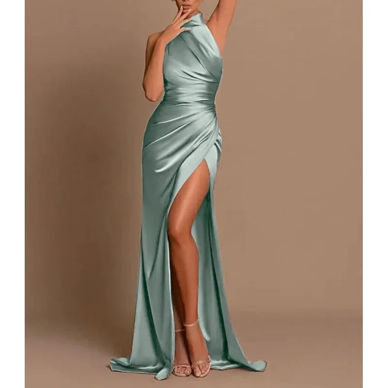 Glamorous Mermaid Halter-Neck Sleeveless Ruched Champagne Floor-Length Prom Dress For Women