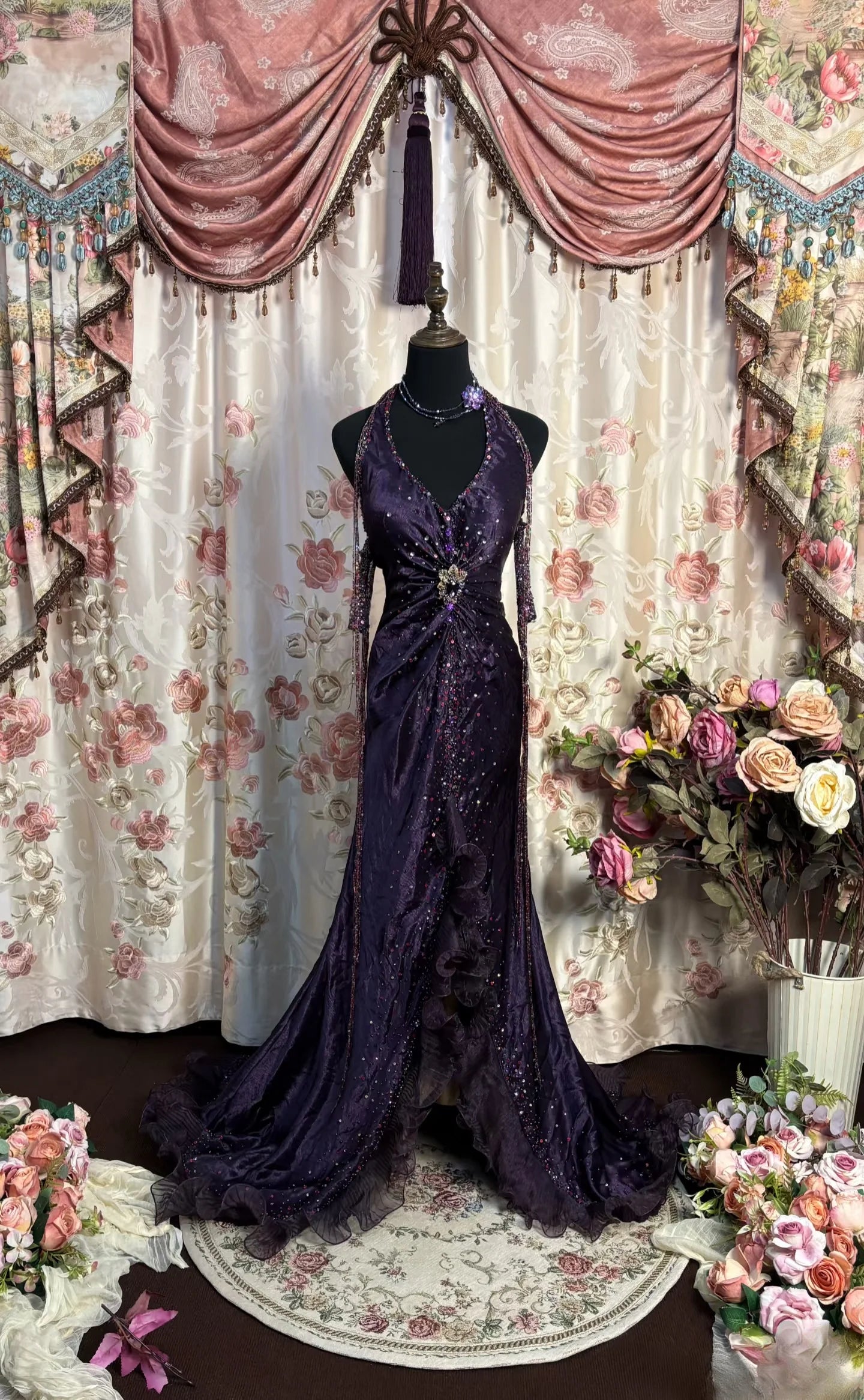 Glamorous Mermaid Halter Beaded Purple Maxi Prom Dress