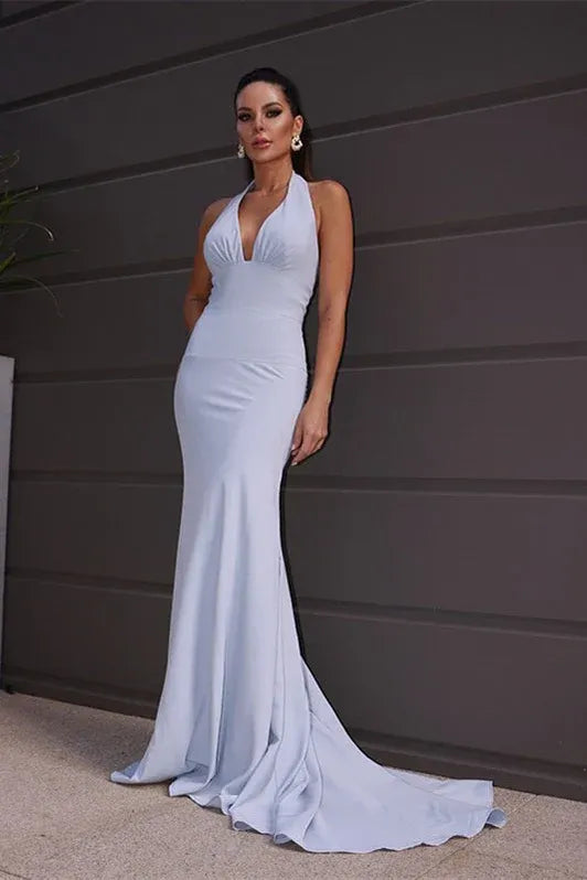 Glamorous Mermaid Halter Bow Back Sky Blue Maxi Prom Dress For Sale