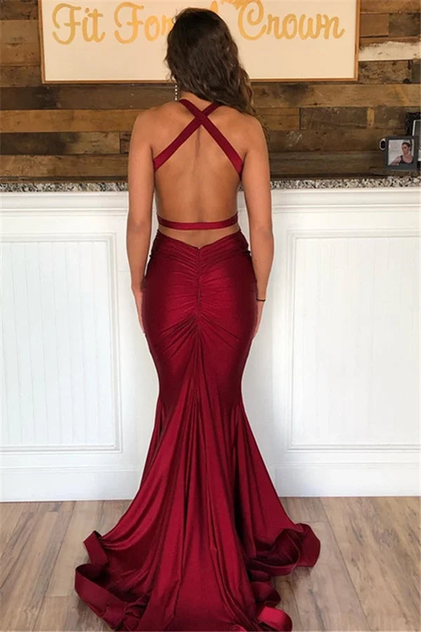 Glamorous Mermaid Halter Cutout Burgundy Satin Maxi Prom Dress