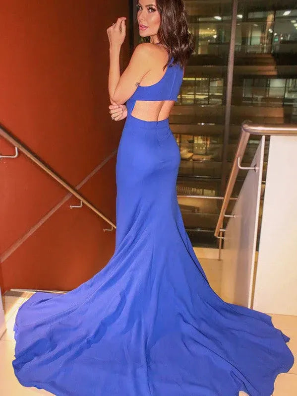 Glamorous Mermaid Halter Cutout Royal Blue Slit Train Prom Dress For Ladies