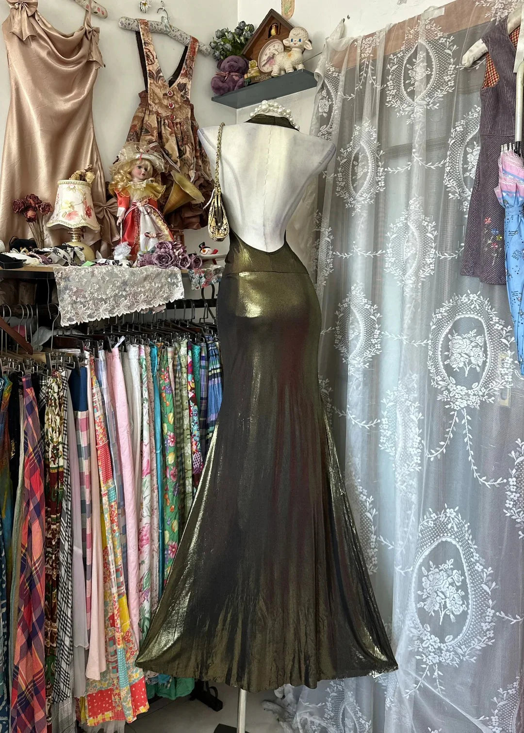 Glamorous Mermaid Halter Metallic Olive Green Maxi Prom Dress