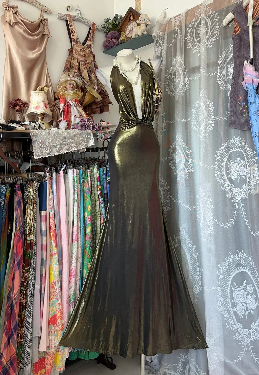 Glamorous Mermaid Halter Metallic Olive Green Maxi Prom Dress