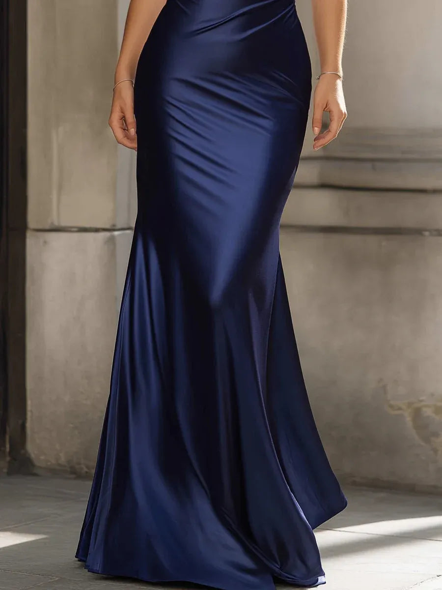 Glamorous Mermaid Halter Neck Ruched Navy Floor-Length Evening Dresses