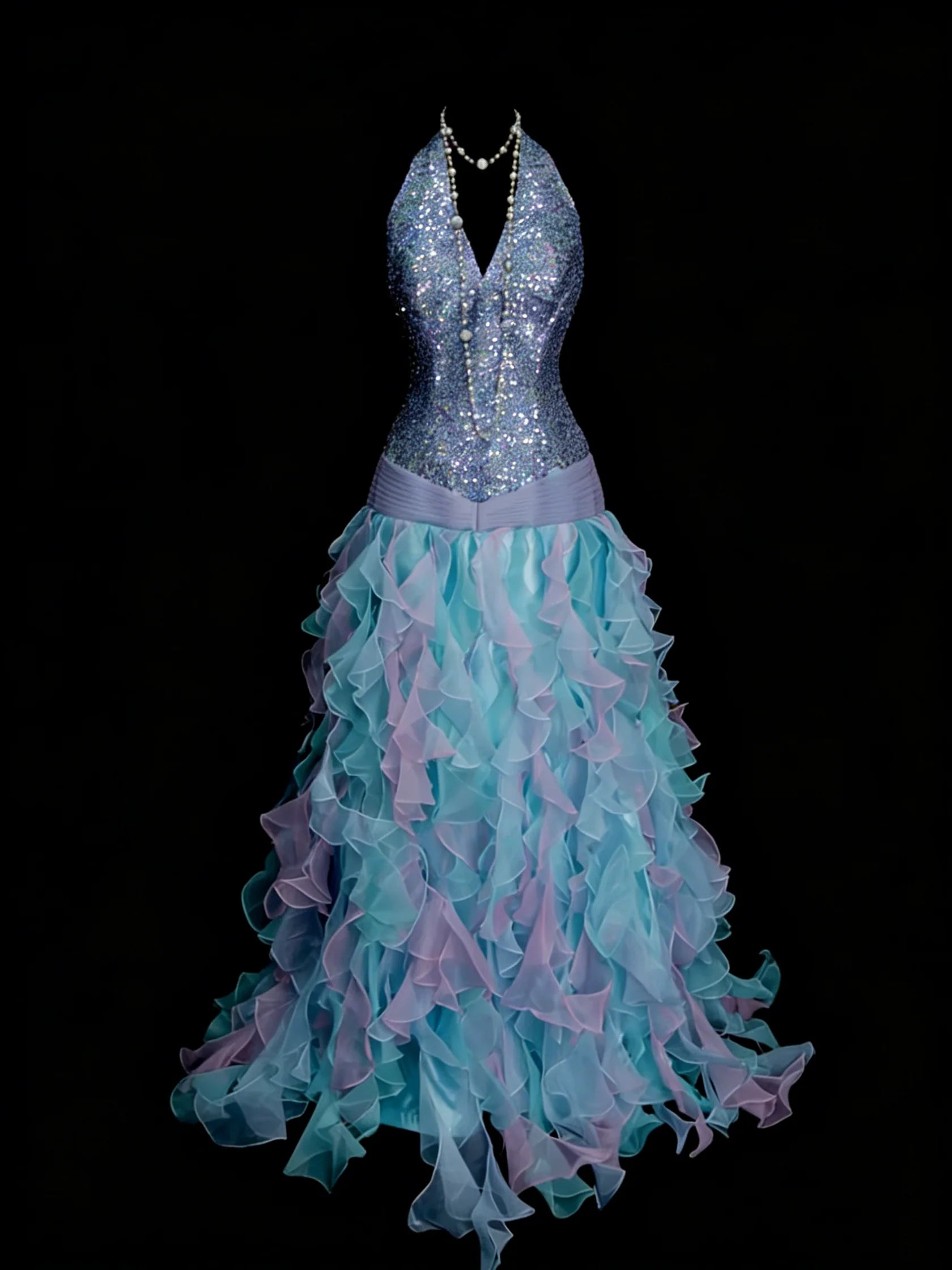 Glamorous Mermaid Halter Neck Sequin Blue-Purple Maxi Prom Dress