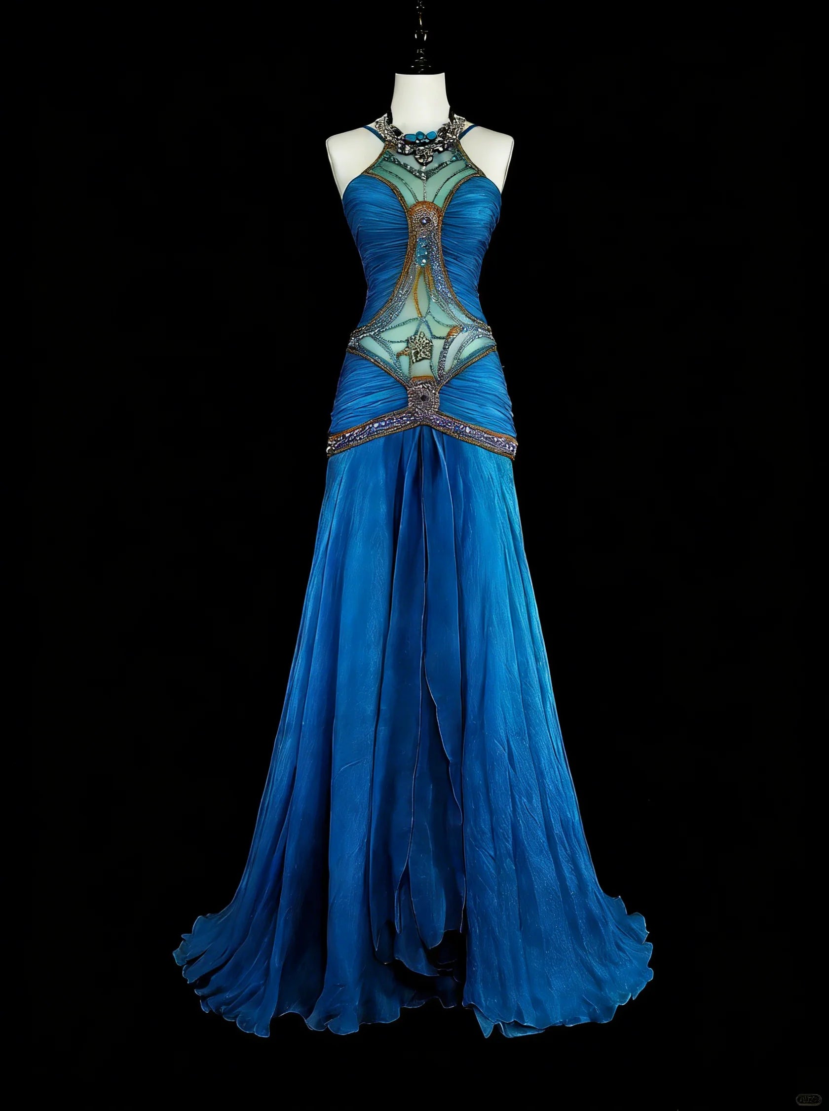 Glamorous Mermaid Halter Neck Sleeveless Beaded Blue Maxi Prom Dress