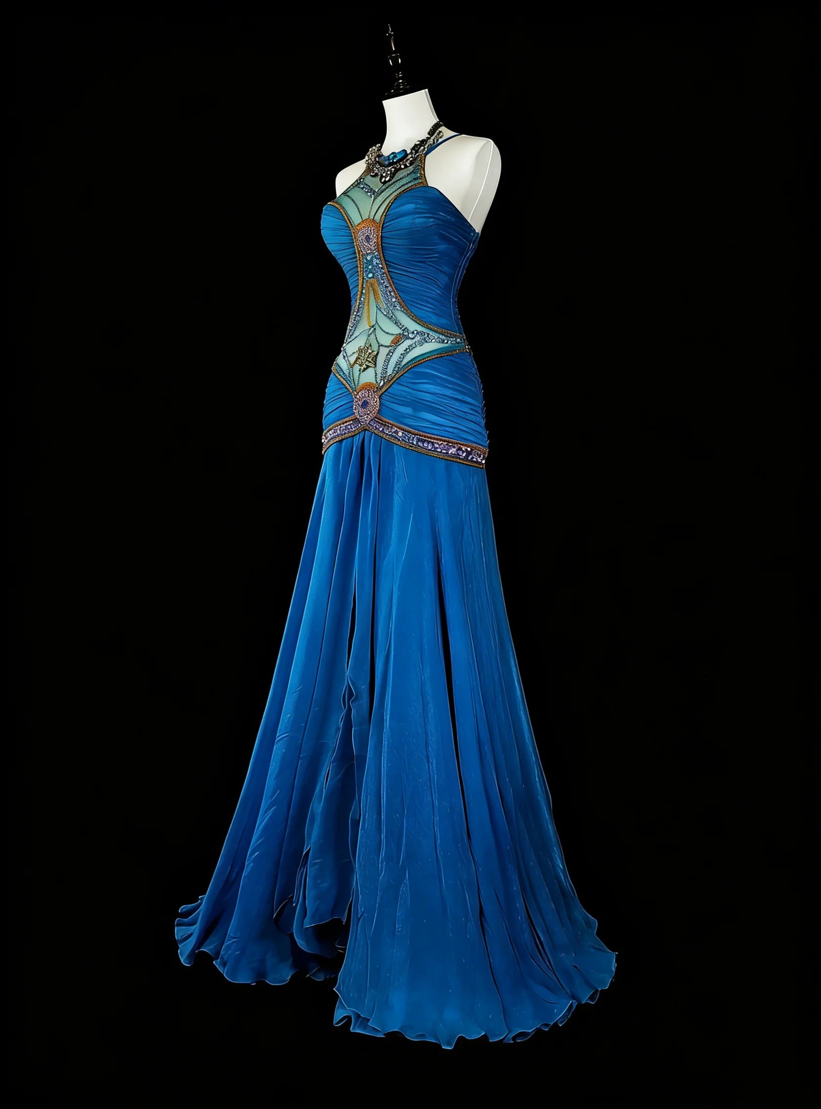 Glamorous Mermaid Halter Neck Sleeveless Beaded Blue Maxi Prom Dress