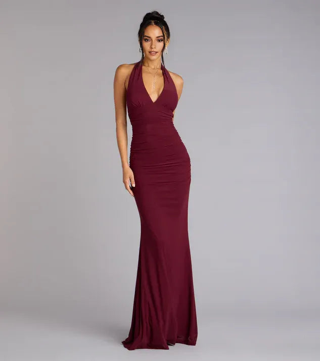 Glamorous Mermaid Halter Neck Sleeveless Ruched Open strappy back Lace-Up Floor-Length Prom Dresses