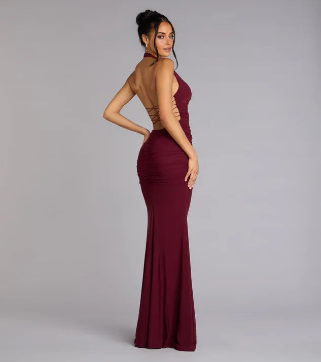 Glamorous Mermaid Halter Neck Sleeveless Ruched Open strappy back Lace-Up Floor-Length Prom Dresses