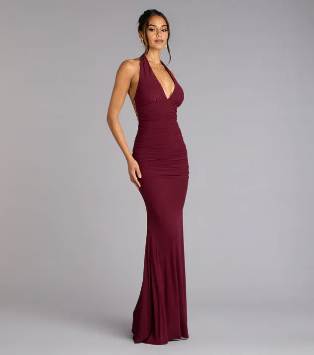 Glamorous Mermaid Halter Neck Sleeveless Ruched Open strappy back Lace-Up Floor-Length Prom Dresses