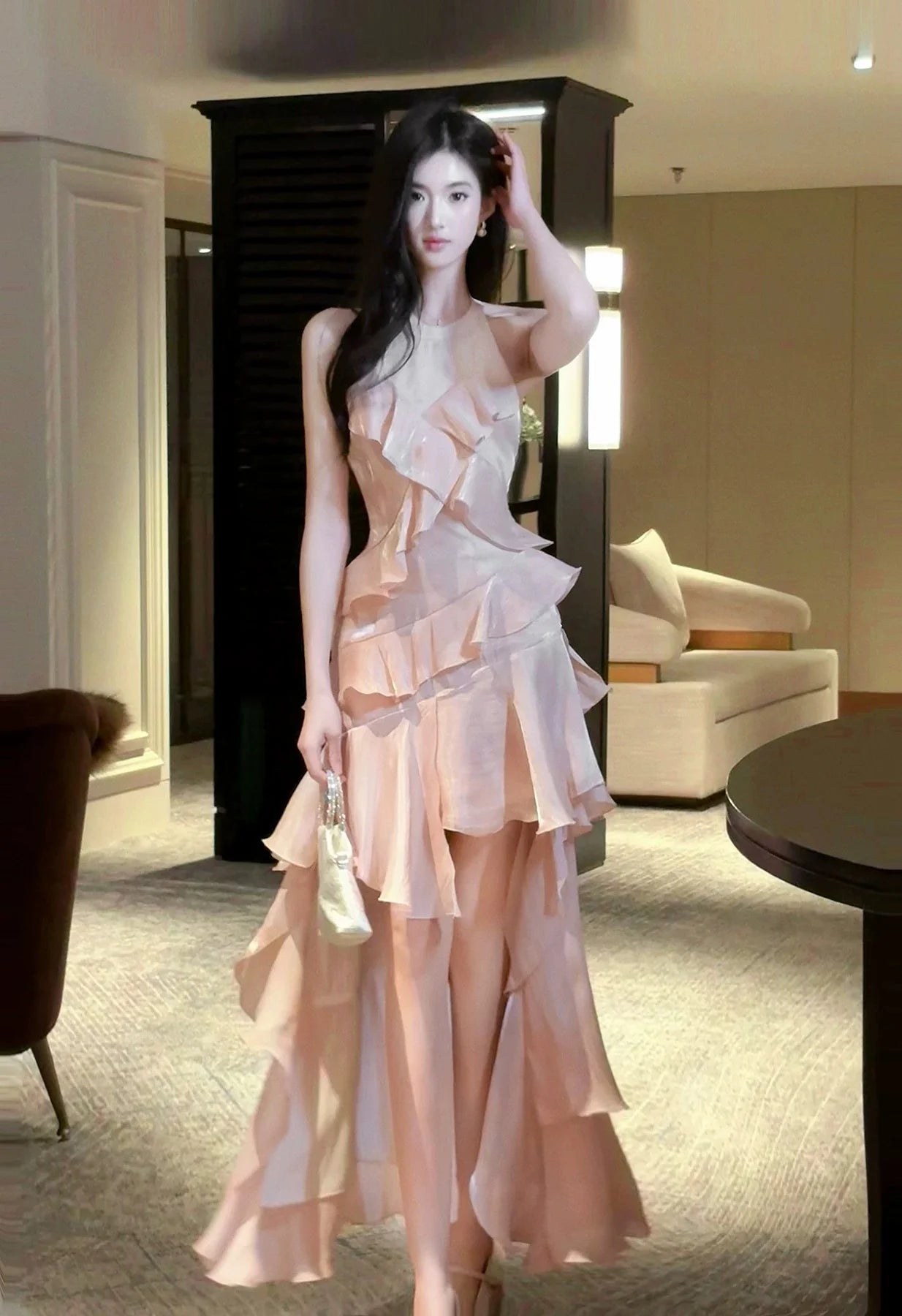 Glamorous Mermaid Halter Neck Sleeveless Ruffled Blush Maxi Prom Dress