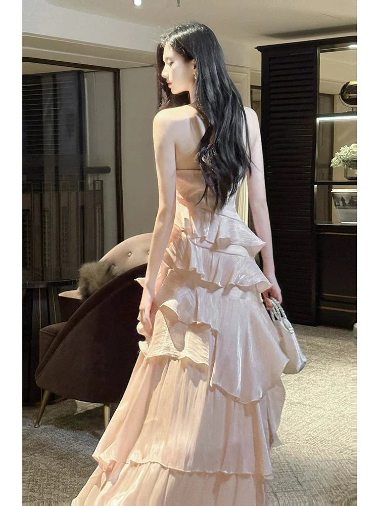 Glamorous Mermaid Halter Neck Sleeveless Ruffled Blush Maxi Prom Dress