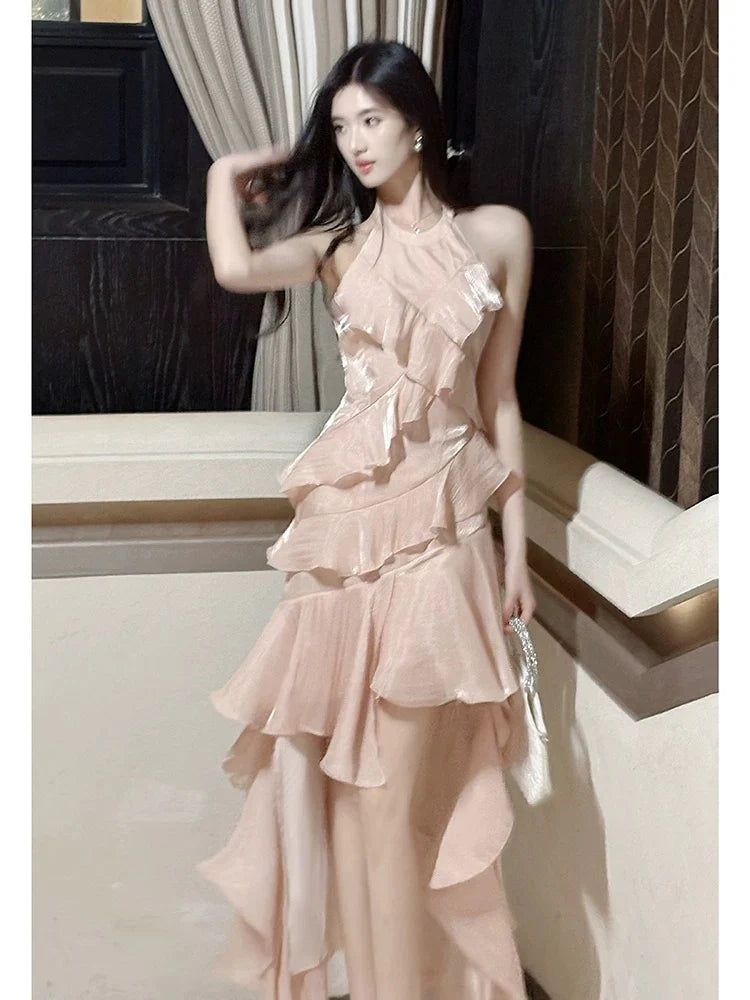 Glamorous Mermaid Halter Neck Sleeveless Ruffled Blush Maxi Prom Dress