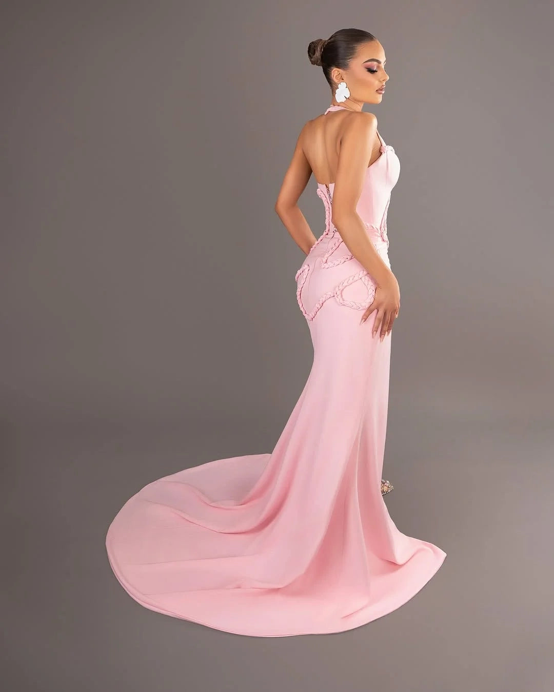 Glamorous Mermaid Halter Sleeveless Braided Pink Maxi Prom Dress