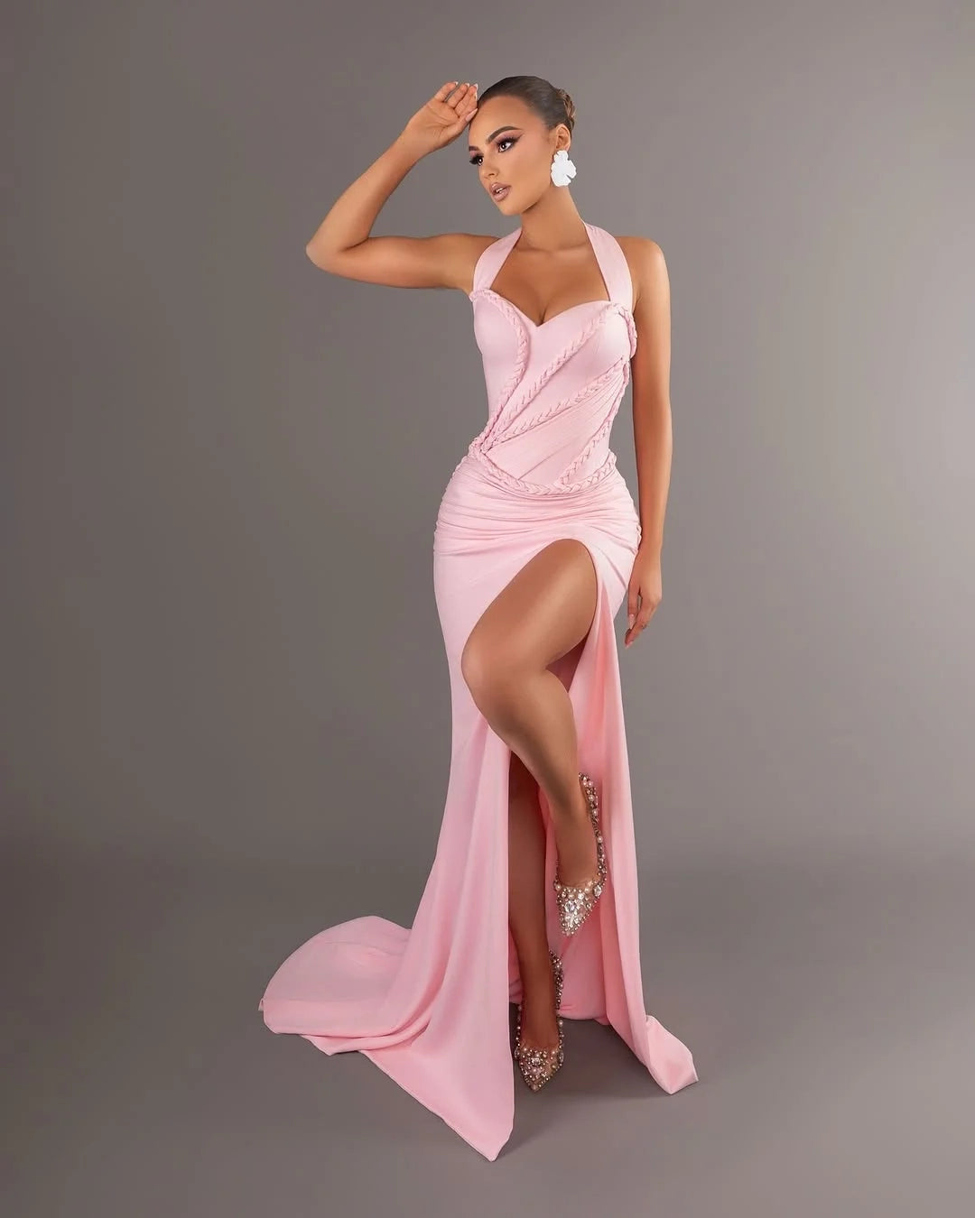 Glamorous Mermaid Halter Sleeveless Braided Pink Maxi Prom Dress