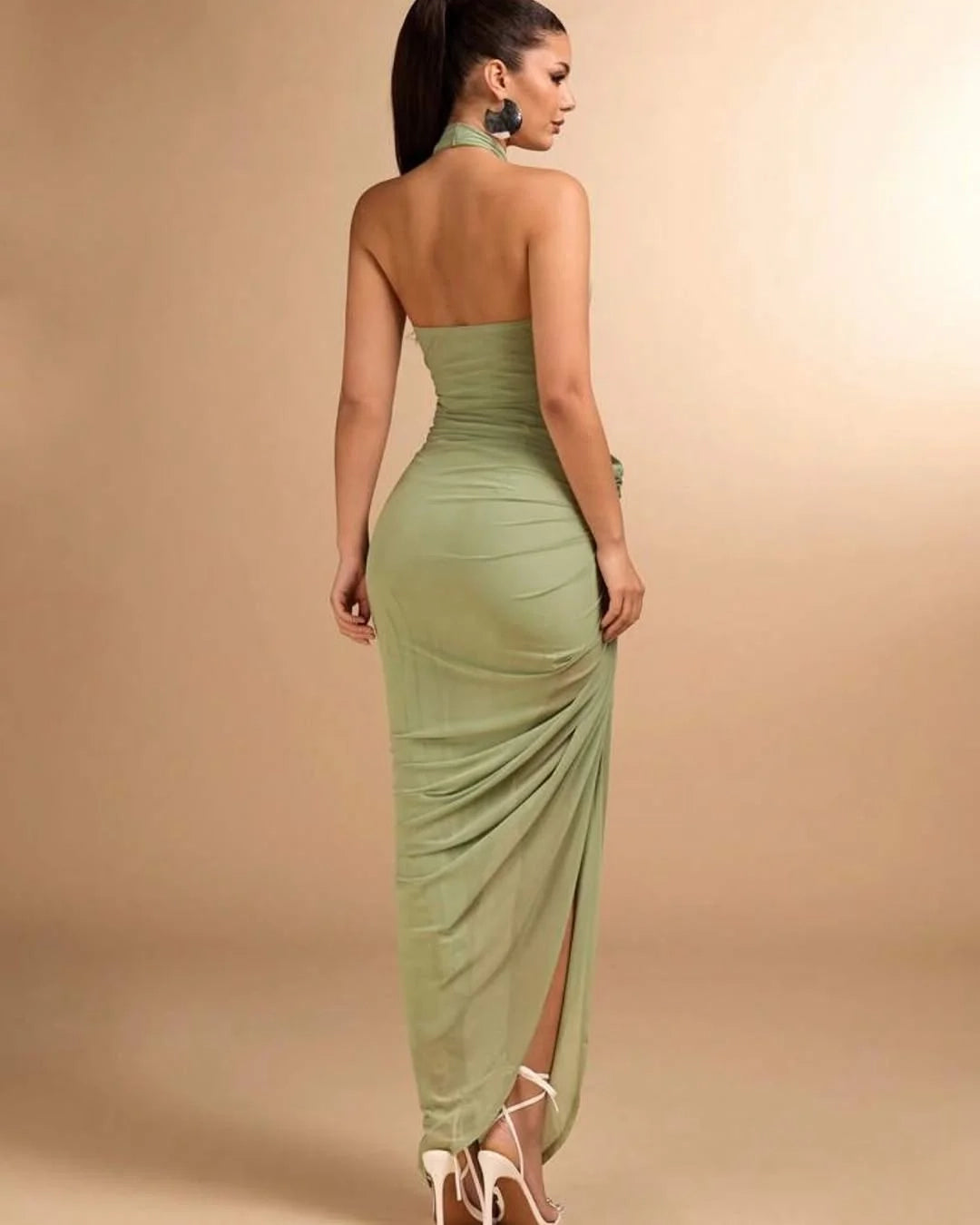 Glamorous Mermaid Halter Sleeveless Ruched Sage Maxi Prom Dress