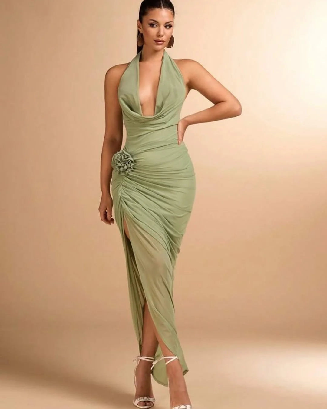 Glamorous Mermaid Halter Sleeveless Ruched Sage Maxi Prom Dress